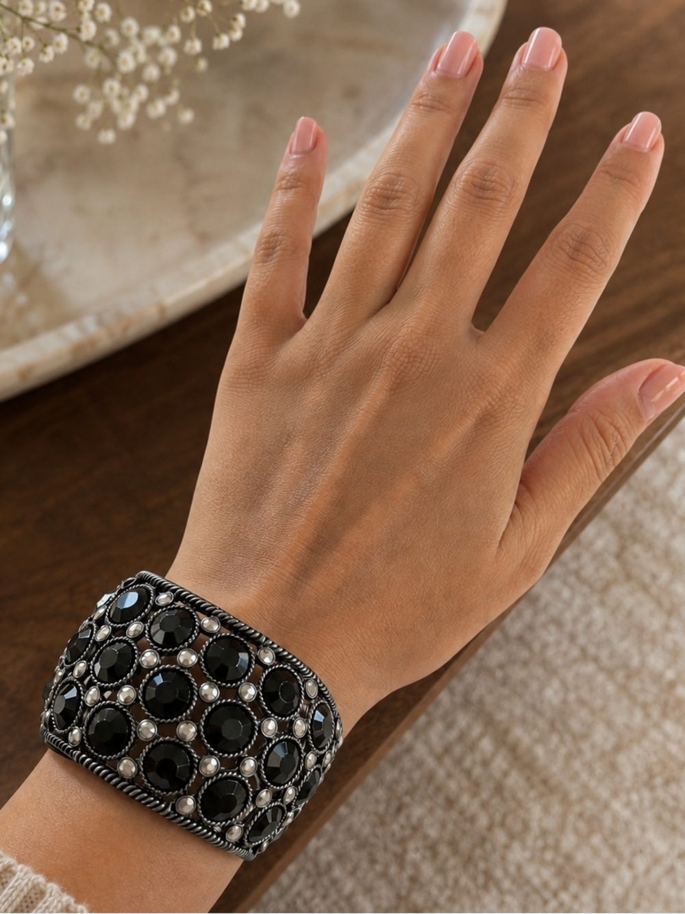 Vintage Y2K Chunky Black Crystal Stretch Cuff Bracelet Punk Goth Glam